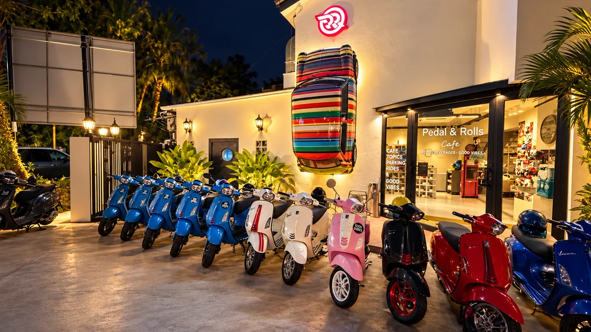 Colourful scooters gathered outside Pedal & Rolls at night