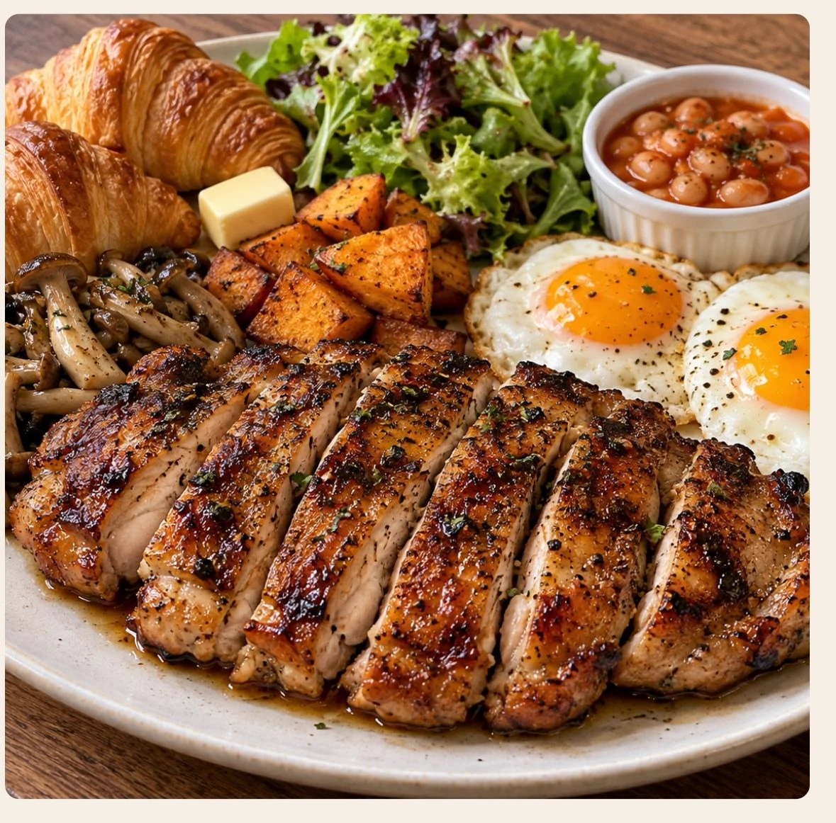 Pan-seared chicken thigh and mushroom breakfast