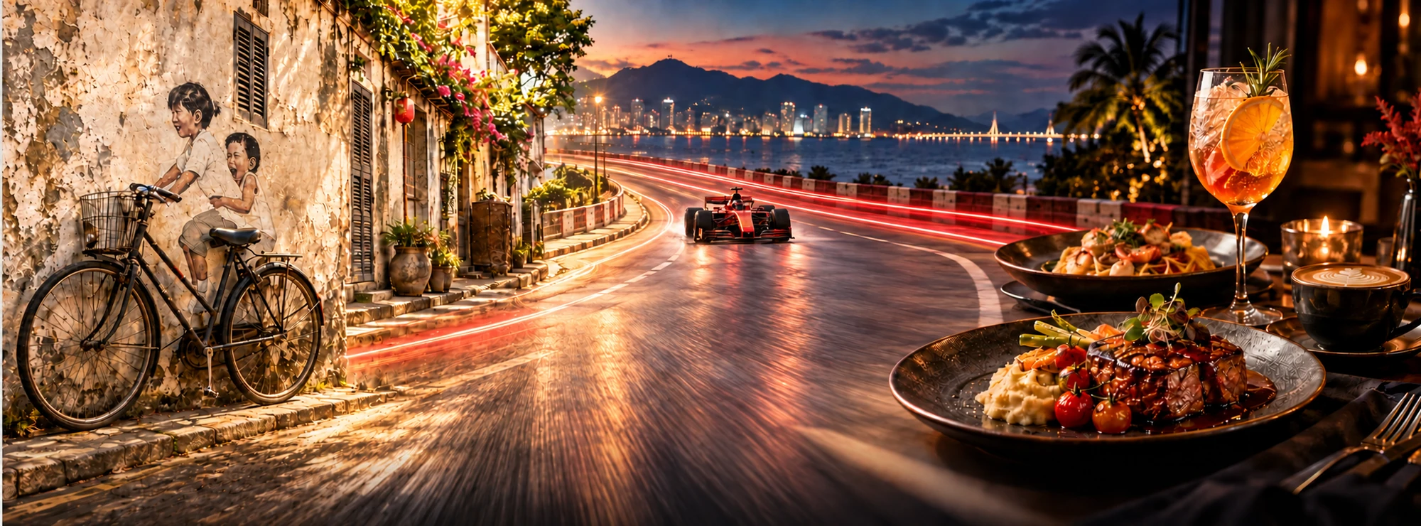 Penang bicycle mural, racing energy and restaurant dining brought together in one Pedal & Rolls brand image